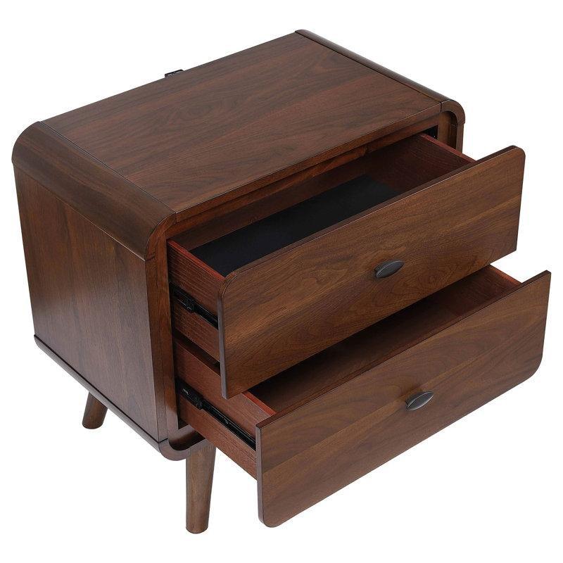 Koyu Ceviz Masif ve Endüstriyel Ahşap USB Girişli 2 Çekmeceli Komodin - 69x40x68 cm - 127301