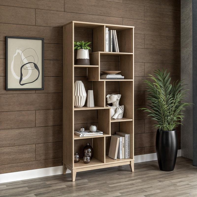 Koyu Ceviz Rengi Masif Çam Ağacı Geometrik Tasarım Kitaplık - 84x183 cm - 142018