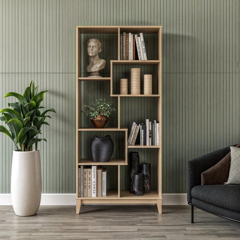 Koyu Ceviz Rengi Masif Çam Ağacı Geometrik Tasarım Kitaplık - 84x183 cm - 142018