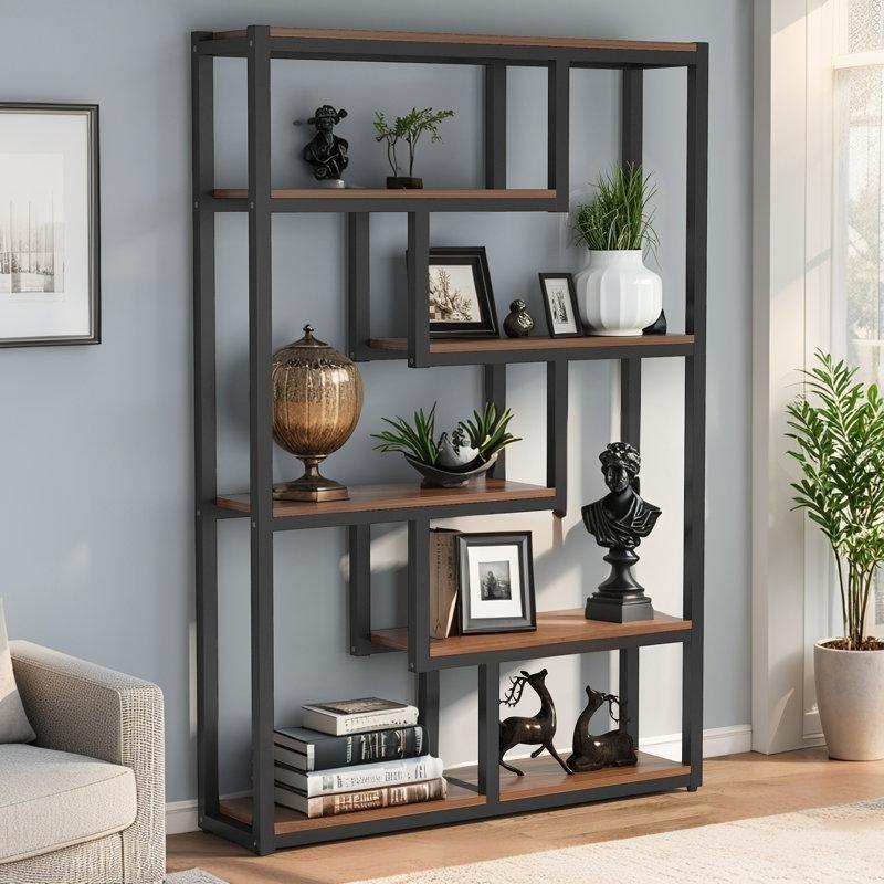Koyu Ceviz Siyah Metal ve Ahşap 6 Raflı Geometrik Kitaplık - 100x30x176 cm - 141406