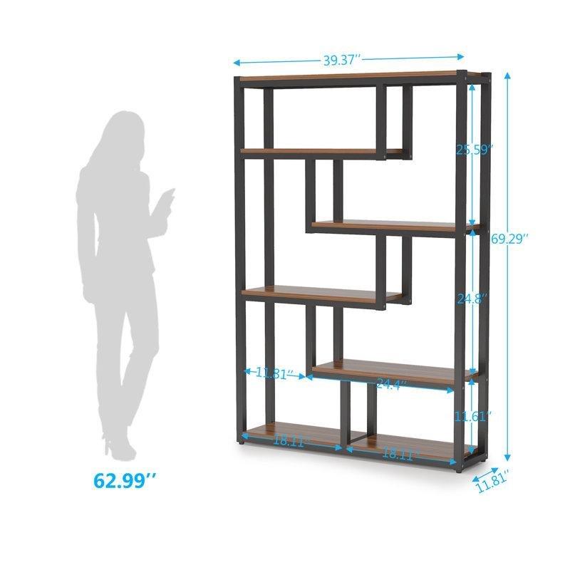 Koyu Ceviz Siyah Metal ve Ahşap 6 Raflı Geometrik Kitaplık - 100x30x176 cm - 141406