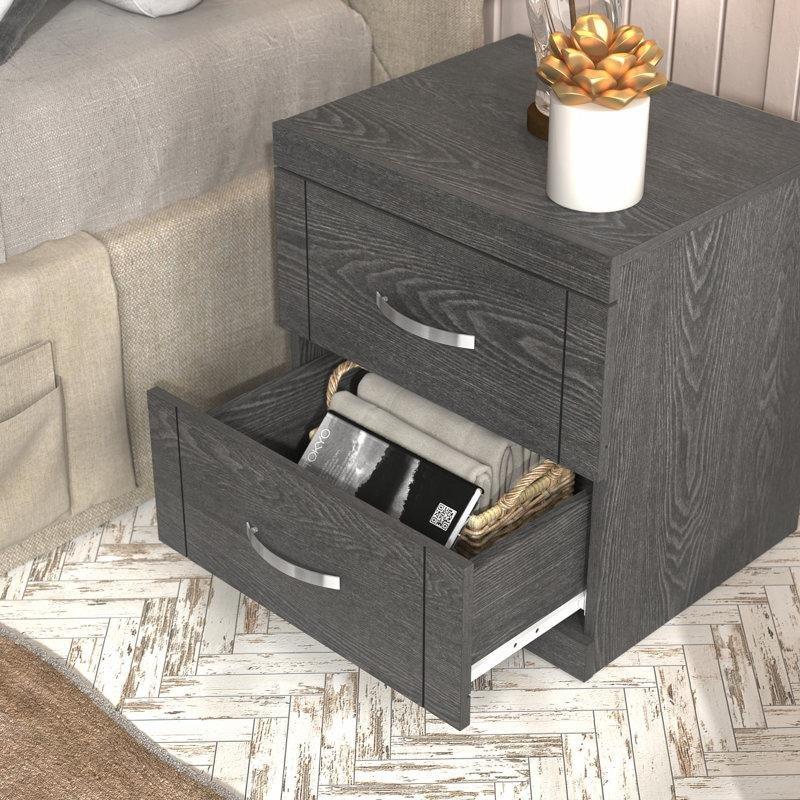 Koyu Gri Meşe Endüstriyel Ahşap Metal Kulplu 2 Çekmeceli Komodin - 48x42x52 cm - 127181