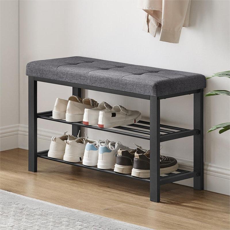Koyu Gri Metal İskeletli Keten Döşemeli 2 Raflı Ayakkabılık Bench - 82x31x50 cm - 120670