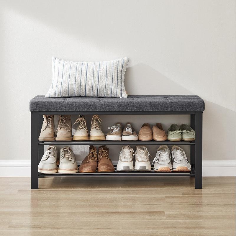 Koyu Gri Metal Keten Döşemeli Raflı Ayakkabılık Bench - 100x31x50 cm - 120601