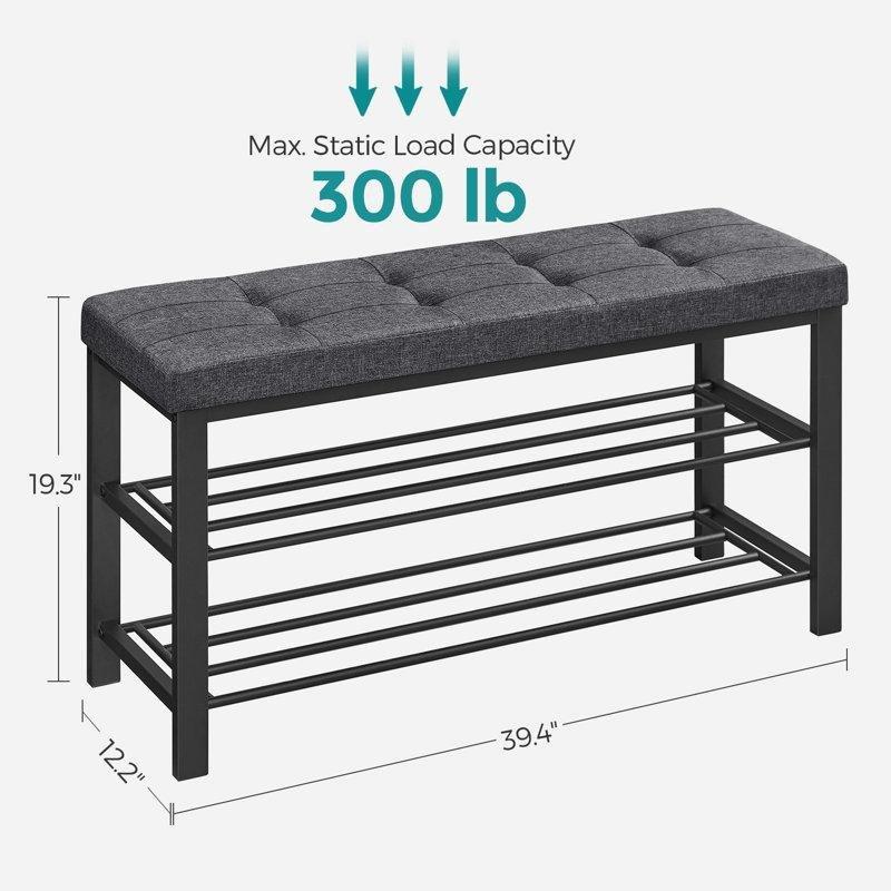 Koyu Gri Metal Keten Döşemeli Raflı Ayakkabılık Bench - 100x31x50 cm - 120601