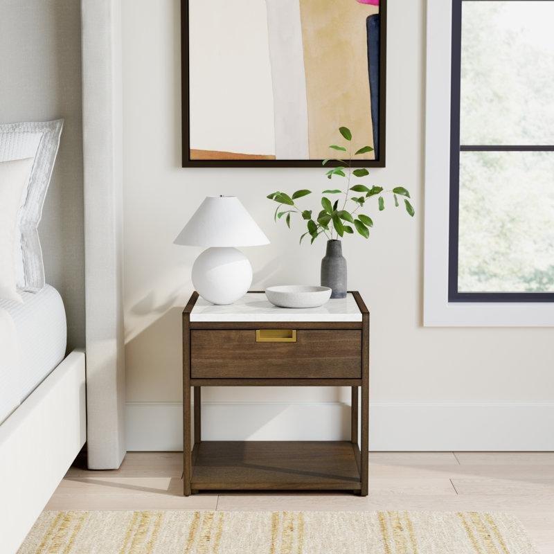Koyu Kahve Masif Akasya Tek Çekmeceli Raflı Mermer Komodin - 50x51 cm - 128023