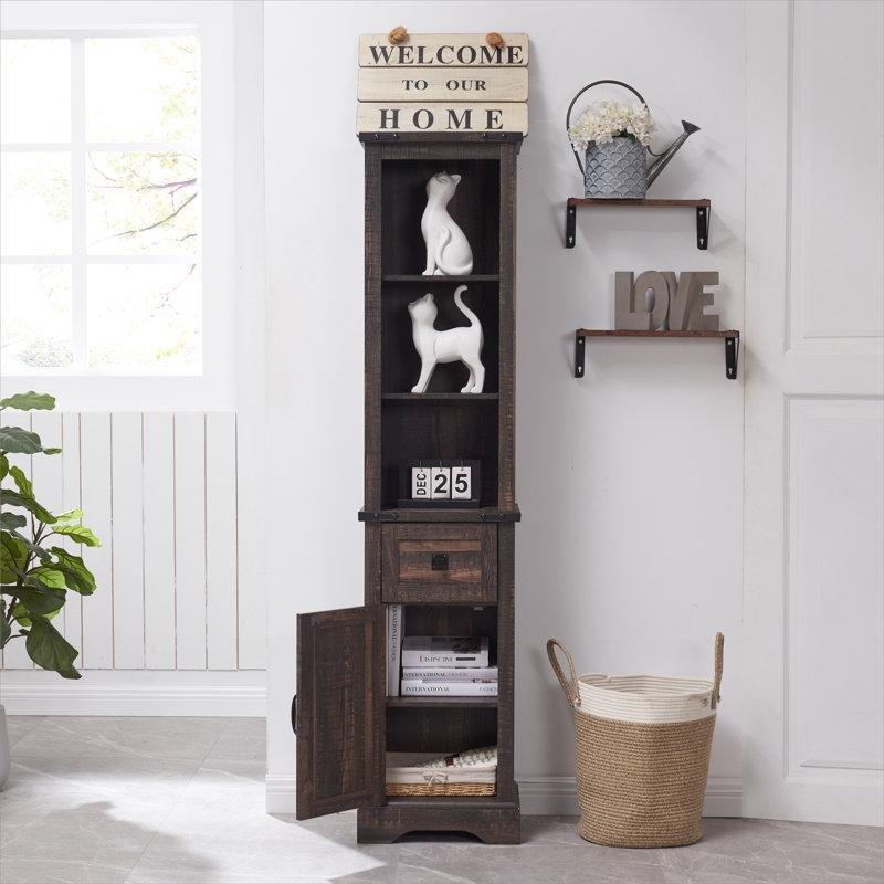 Koyu Kahverengi Ahşap Ayarlanabilir Raflı Country Banyo Dolabı-173x41x31 cm - 114106
