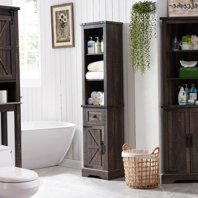 Koyu Kahverengi Ahşap Ayarlanabilir Raflı Country Banyo Dolabı-173x41x31 cm - 114106