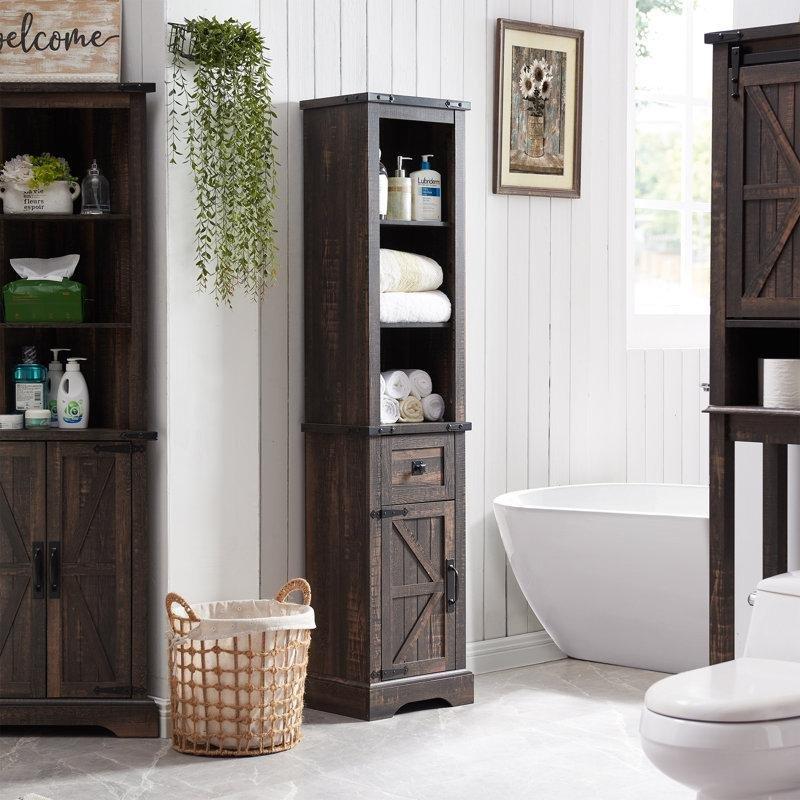 Koyu Kahverengi Ahşap Ayarlanabilir Raflı Country Banyo Dolabı-173x41x31 cm - 114106