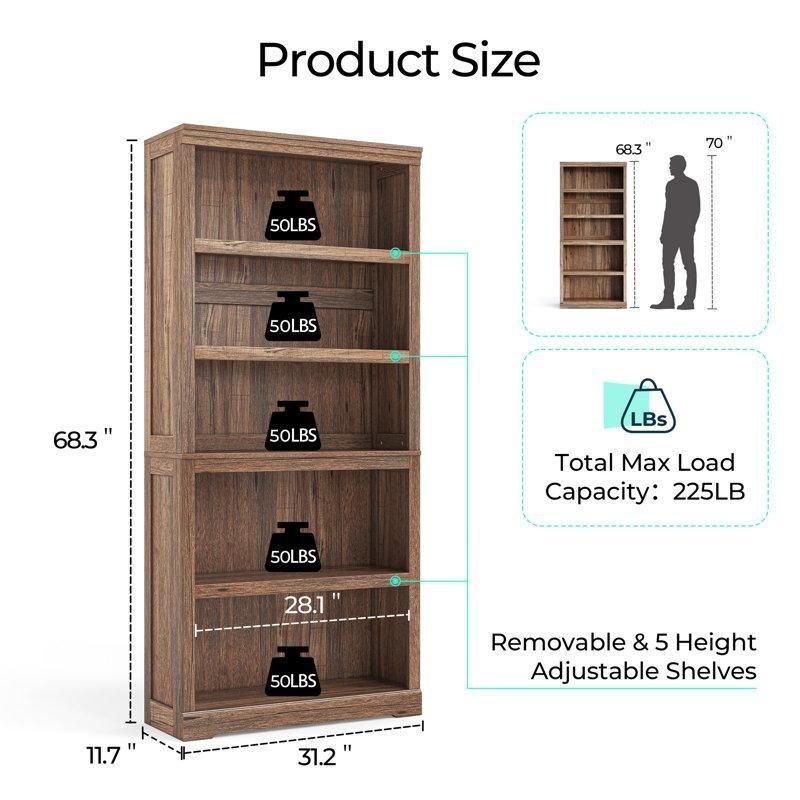 Koyu Kahverengi Endüstriyel Ahşap 5 Raflı Ayarlanabilir Kitaplık - 80x30x174 cm - 142132