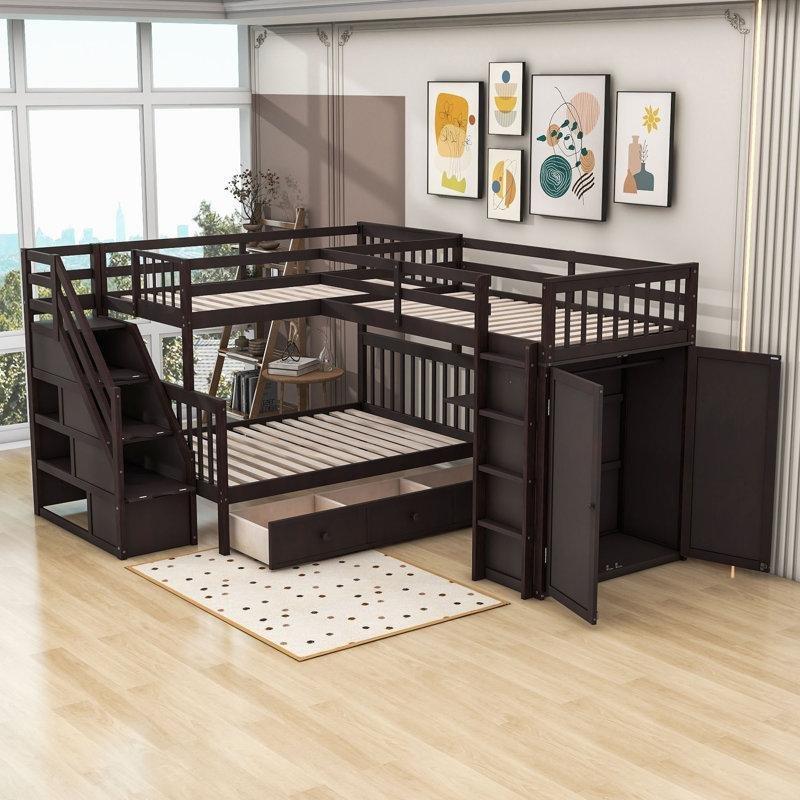 Koyu Kahverengi Masif Ahşap L Tipi Merdivenli Dolaplı ve Çalışma Masalı Ranza - 303x242x160 cm - 124536