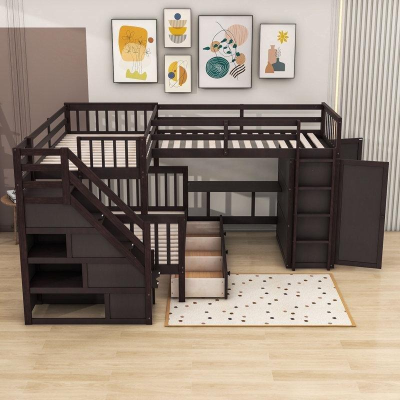 Koyu Kahverengi Masif Ahşap L Tipi Merdivenli Dolaplı ve Çalışma Masalı Ranza - 303x242x160 cm - 124536