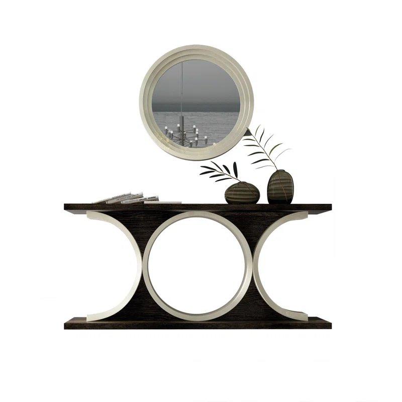 Koyu Kahverengi Meşe Kaplama ve Krem Lake Aynalı Dresuar - 150x40x80 cm - 131397