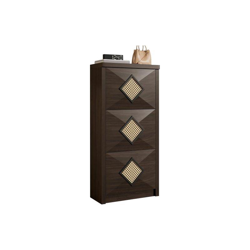 Koyu Kahverengi Rattan Detaylı 3 Düşer Kapaklı Ayakkabılık - 54x25x115 cm - 118603