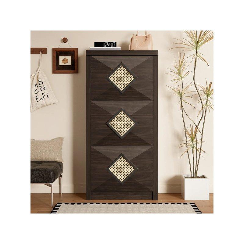 Koyu Kahverengi Rattan Detaylı 3 Düşer Kapaklı Ayakkabılık - 54x25x115 cm - 118603