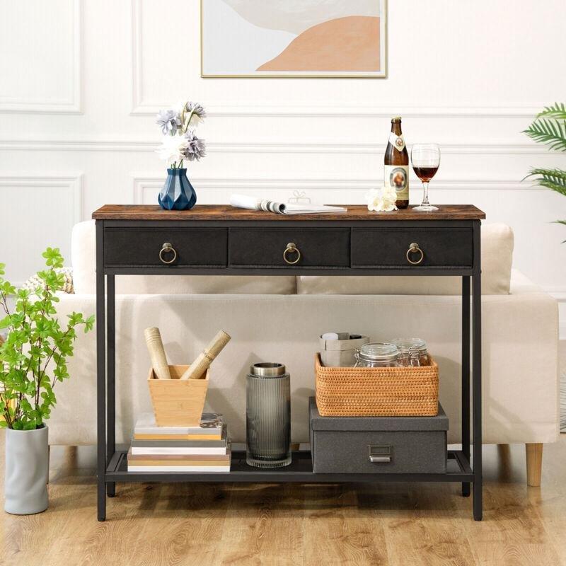 Koyu Kahverengi Siyah Metal ve Endüstriyel Ahşap Çekmeceli Raflı Dresuar - 100x25x80 cm - 133999