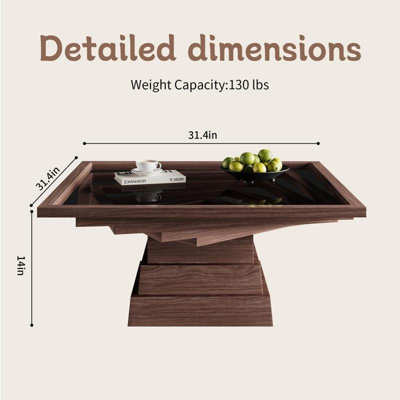 Koyu Kahverengi Temperli Cam Endüstriyel Ahşap Kademeli Taban Ceviz Cam Sehpa-36x80x80 cm - 117291