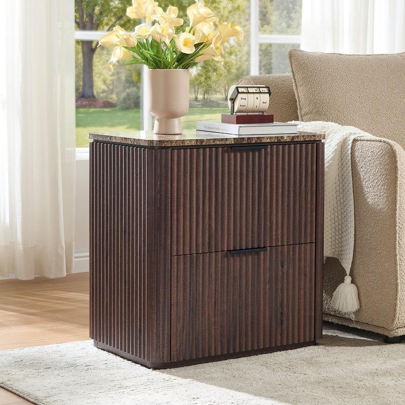 Koyu Meşe Endüstriyel Ahşap Yivli Tasarım İki Çekmeceli Mermer Komodin - 59x40x61 cm - 127987