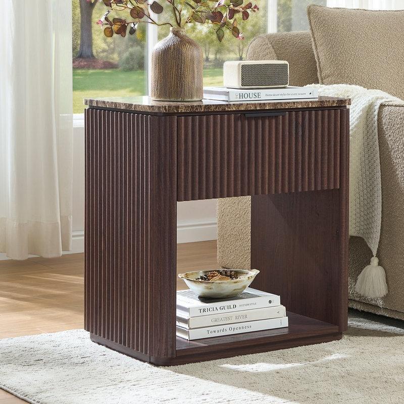 Koyu Meşe Endüstriyel Ahşap Yivli ve Raflı Mermer Komodin - 59x40x61 cm - 128035