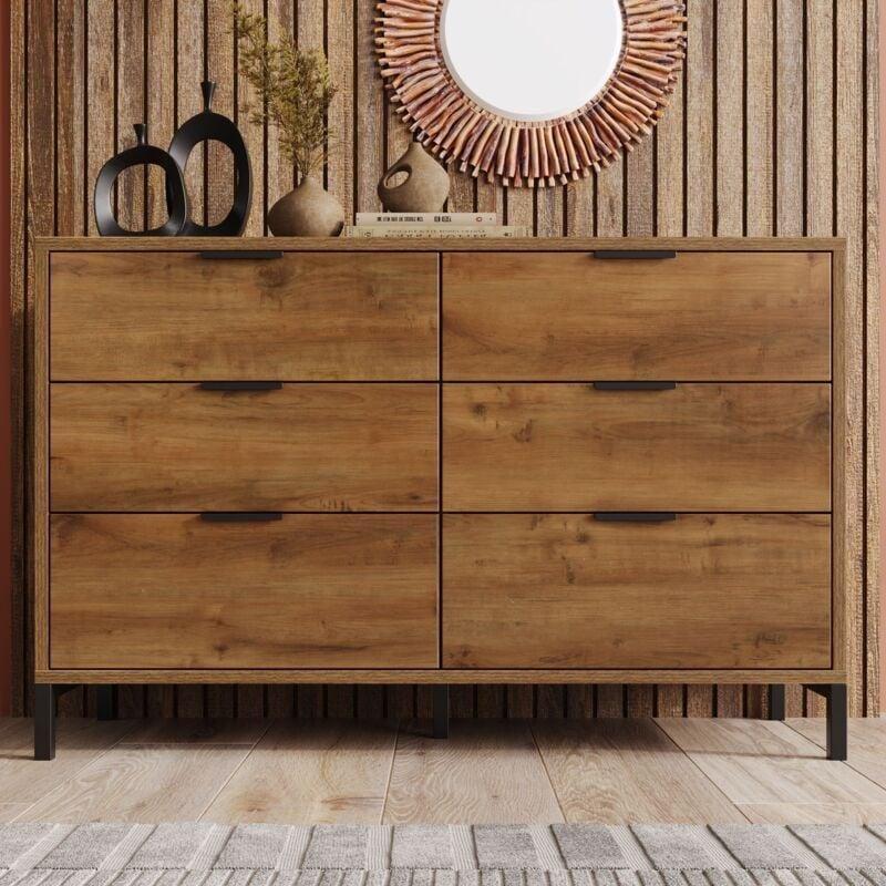 Koyu Meşe Rengi Metal Detaylı 6 Çekmeceli Şifonyer - 120x40x83 cm - 123521