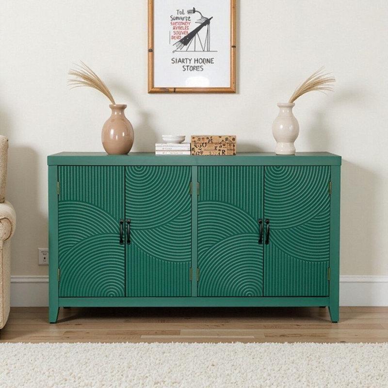 Koyu Tonlu Endüstriyel Ahşap 4 Kapaklı Oymalı Yeşil Konsol - 151x38x85 cm - 129079