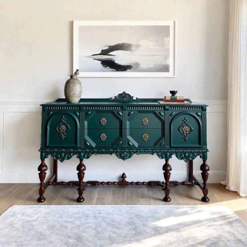 Koyu Yeşil Masif ve Endüstriyel Ahşap 2 Çekmeceli ve Dolaplı Yeşil Dresuar - 170 cm - 132545