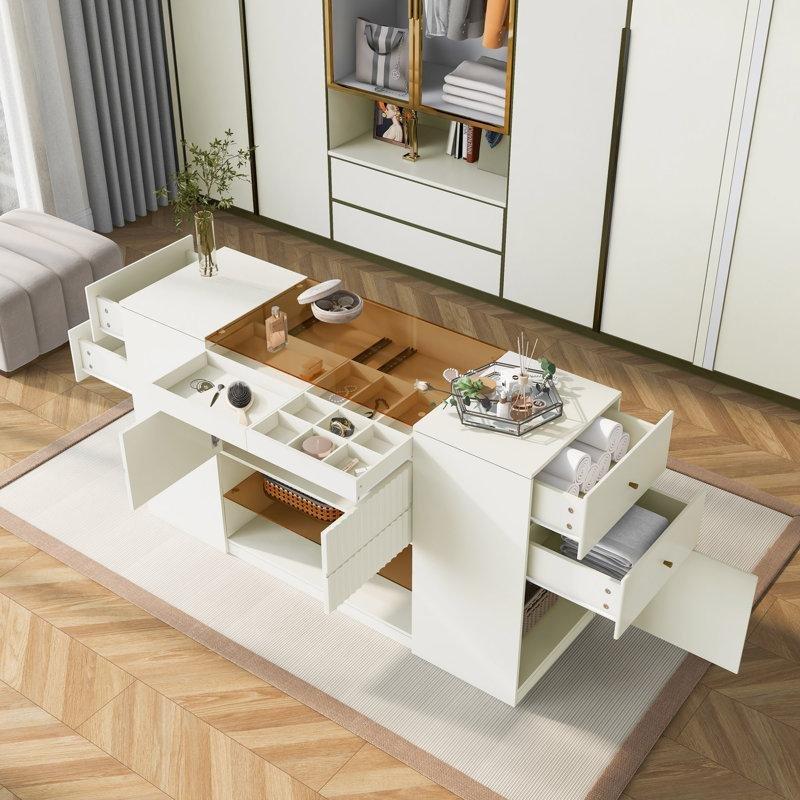 Krem Beyaz MDF Cam Tablalı 6 Çekmeceli Takı Bölmeli Ada Şifonyer - 154 cm - 123867