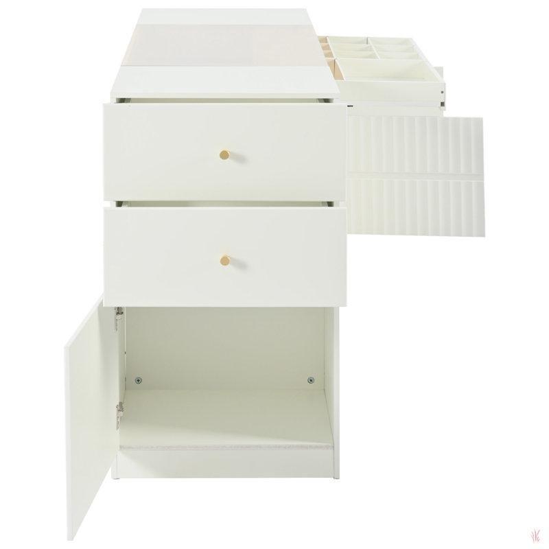 Krem Beyaz MDF Cam Tablalı 6 Çekmeceli Takı Bölmeli Ada Şifonyer - 154 cm - 123867