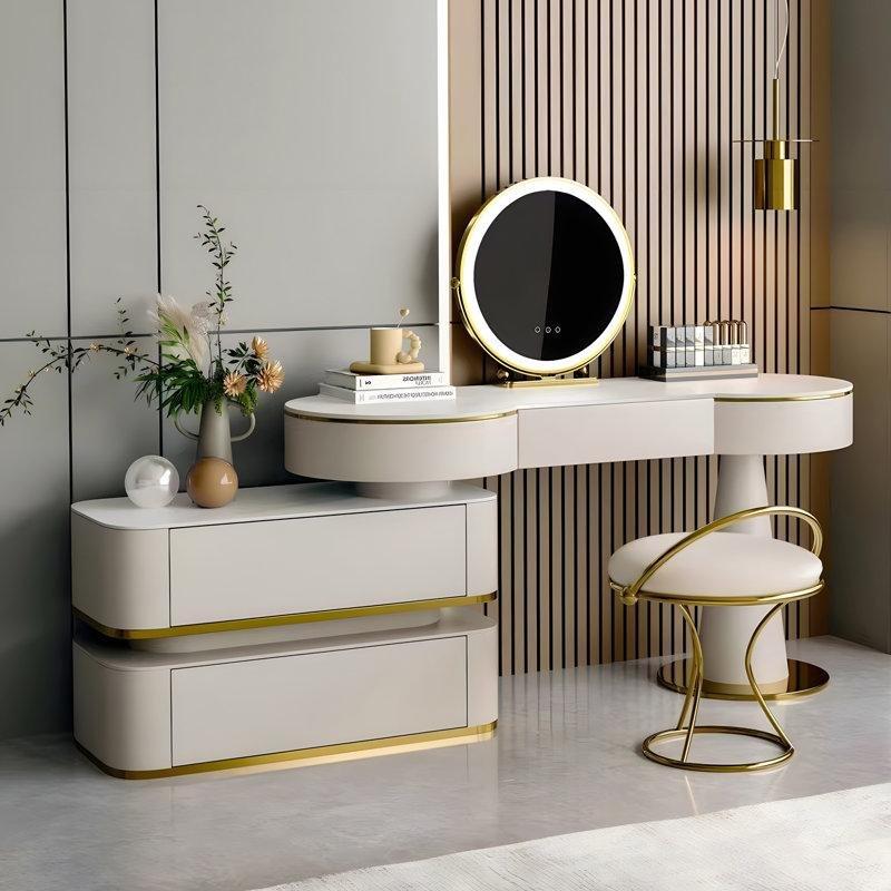 Krem Gold Detaylı Kayrak Taşı Tablalı LED Aynalı ve Puflu Makyaj Masası - 120 cm - 121324