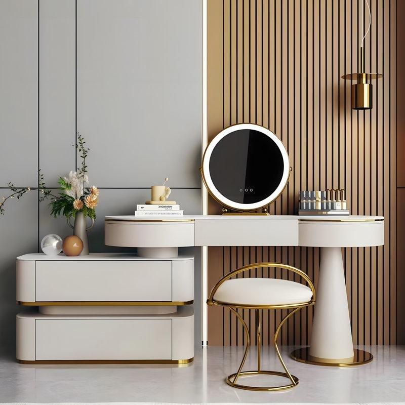 Krem Gold Detaylı Kayrak Taşı Tablalı LED Aynalı ve Puflu Makyaj Masası - 120 cm - 121324