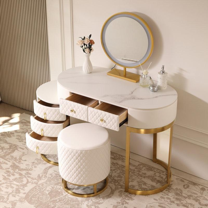 Krem Gold Kaya Taş ve Deri Kaplama 5 Çekmeceli LED Işıklı Aynalı Makyaj Masası - 76 cm - 121321