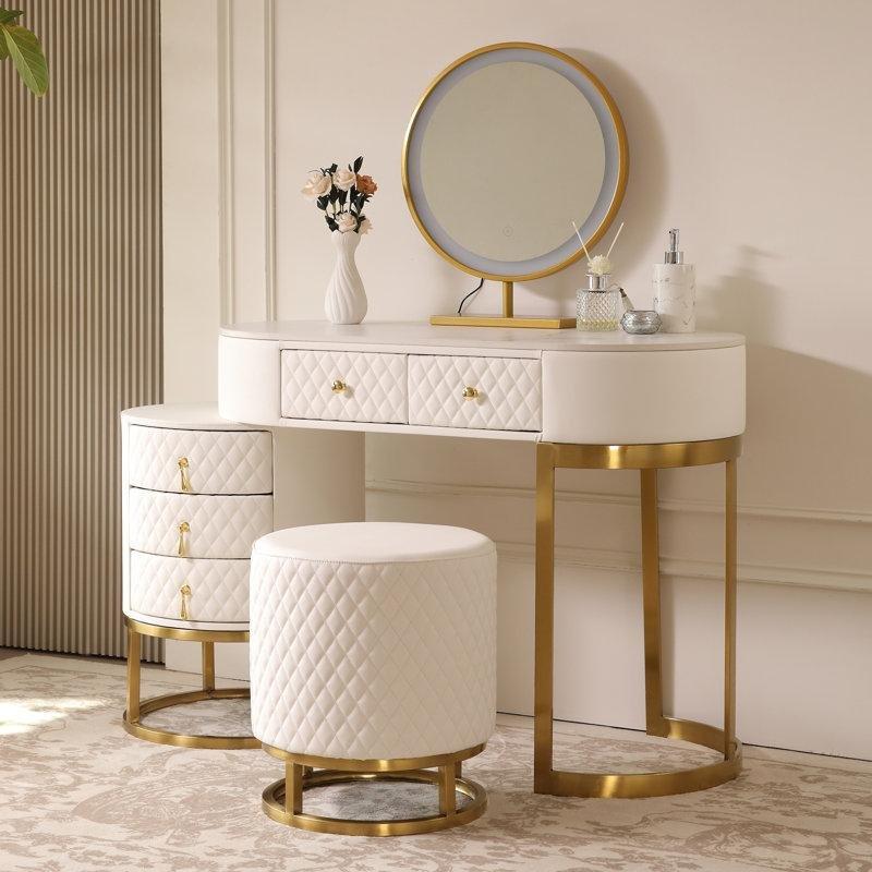 Krem Gold Kaya Taş ve Deri Kaplama 5 Çekmeceli LED Işıklı Aynalı Makyaj Masası - 76 cm - 121321