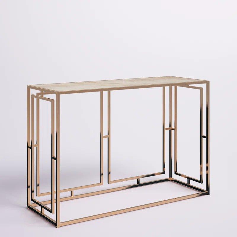 Krem Gold Mermer Desenli Metal Ayaklı Cam Dresuar - 112x41x75 cm - 131504