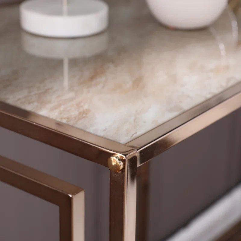 Krem Gold Mermer Desenli Metal Ayaklı Cam Dresuar - 112x41x75 cm - 131504