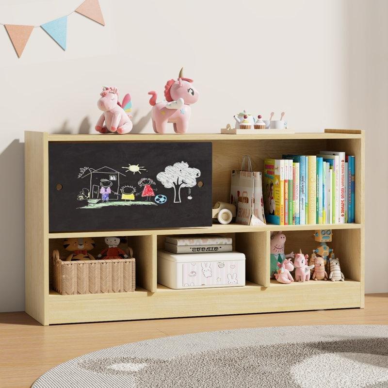Krem Masif Ahşap Sürgülü Yazı Tahtalı Çok Amaçlı Montessori Kitaplık - 111x60 cm - 141148