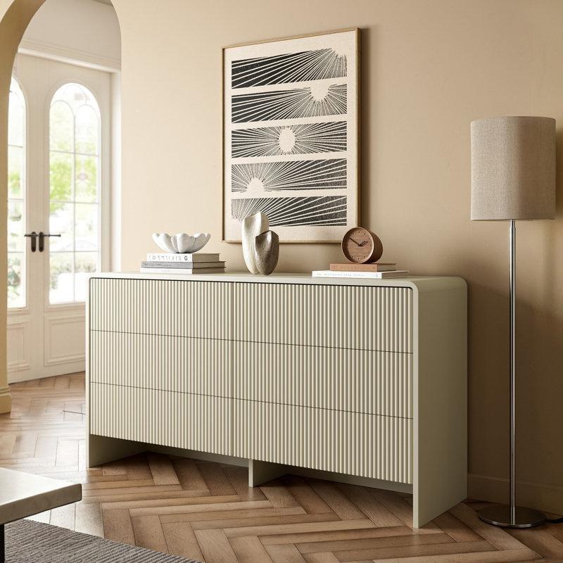 Krem MDF Yivli Panel ve Kavisli Kenar Tasarımlı 6 Çekmeceli Şifonyer - 140x40x76 cm - 122599