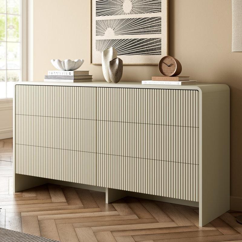 Krem MDF Yivli Panel ve Kavisli Kenar Tasarımlı 6 Çekmeceli Şifonyer - 140x40x76 cm - 122599