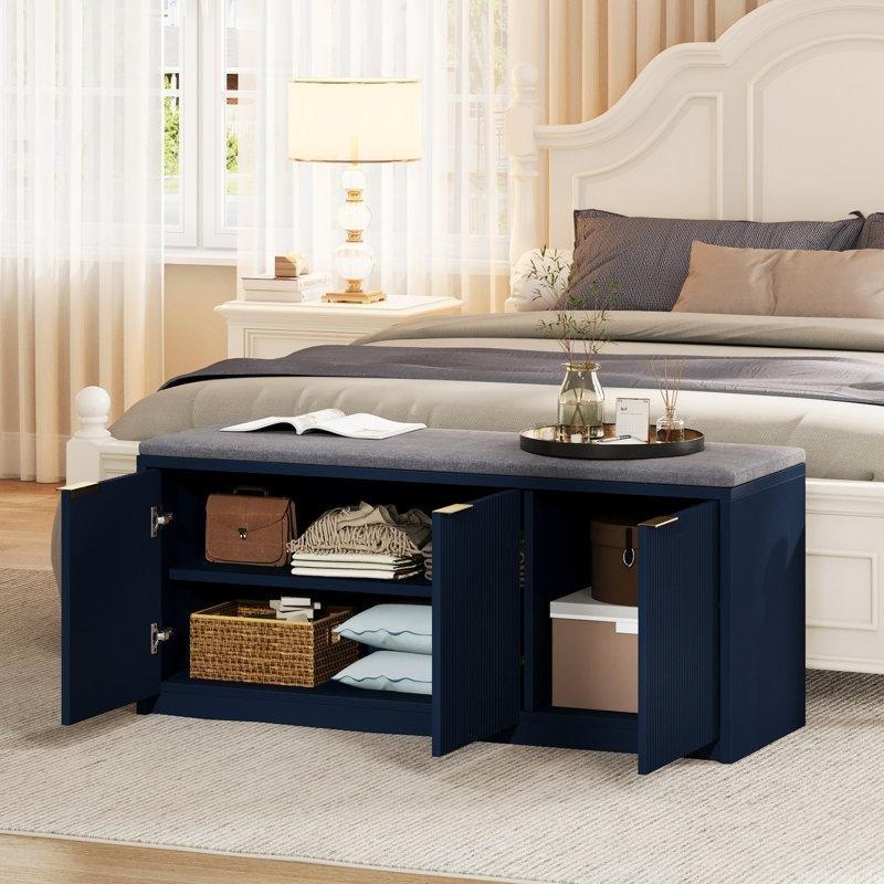 Lacivert Ahşap Minderli Dikey Çıtalı Kapaklı Ayakkabılık Bench - 105x39x46 cm - 120562