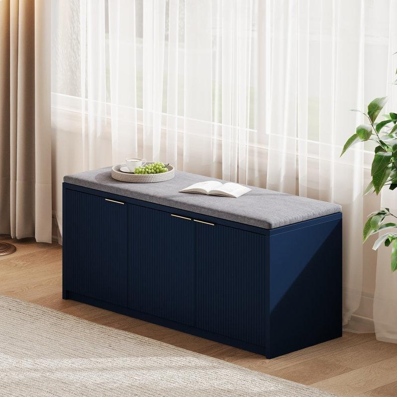 Lacivert Ahşap Minderli Dikey Çıtalı Kapaklı Ayakkabılık Bench - 105x39x46 cm - 120562