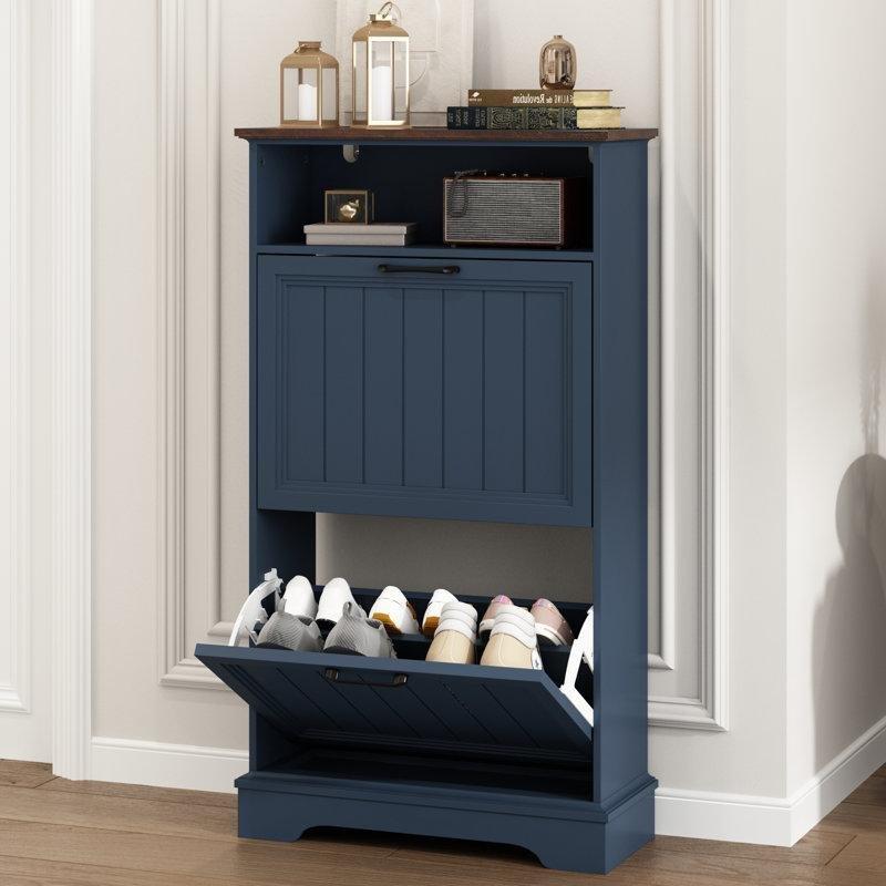 Lacivert Endüstriyel Ahşap 2 Düşer Kapaklı ve Açık Raflı Ayakkabılık - 60x25x108 cm - 120895