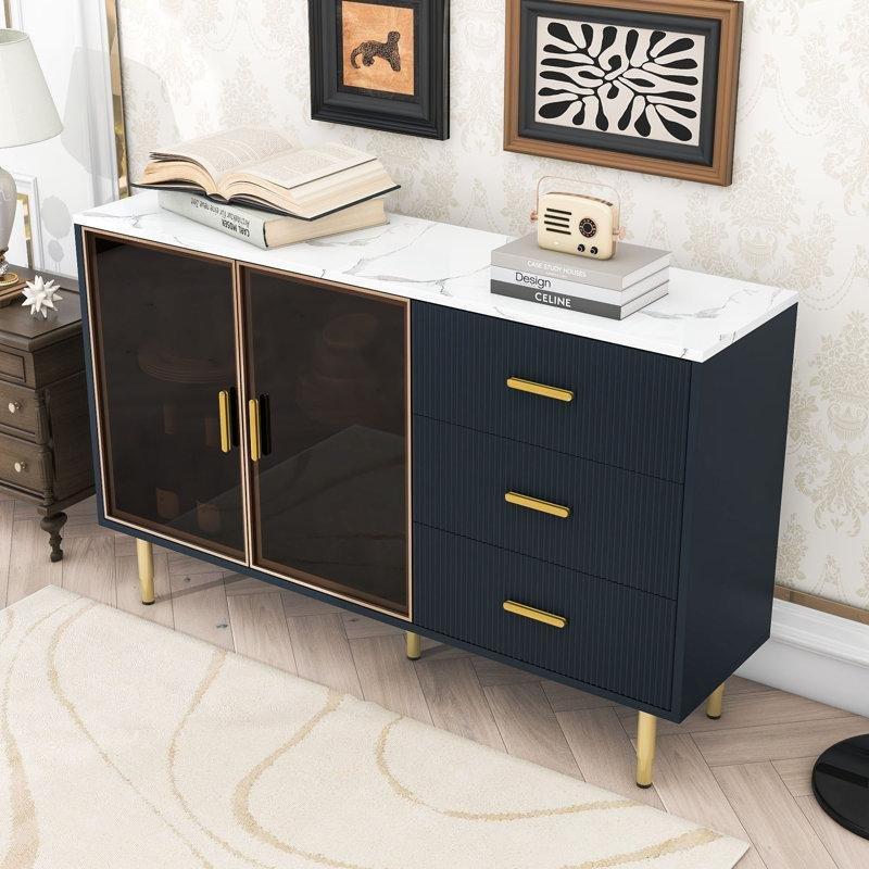 Lacivert MDF Mermer Desenli Amber Cam Kapaklı Gold Ayaklı Üstü Mermer Konsol - 154 cm - 129124