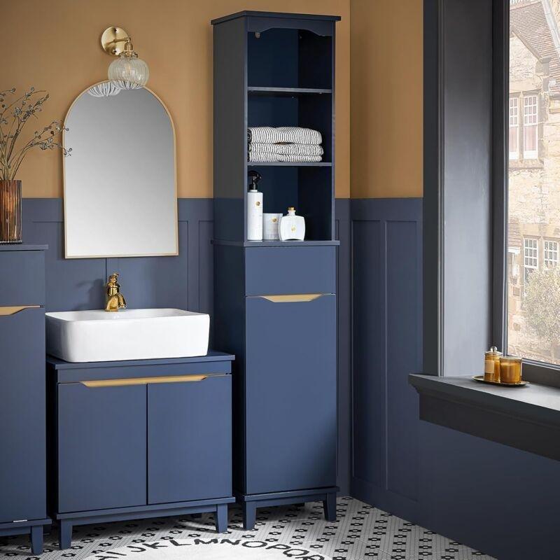 Lacivert MDF Raflı Banyo Dolabı-35x30x170 cm - 113655
