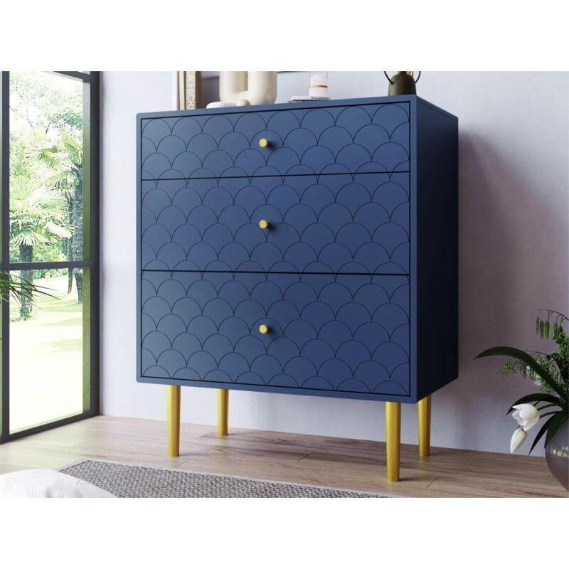 Lacivert Metal Ayaklı Balık Pulu Desenli 3 Çekmeceli Şifonyer - 75x40x89 cm - 123323