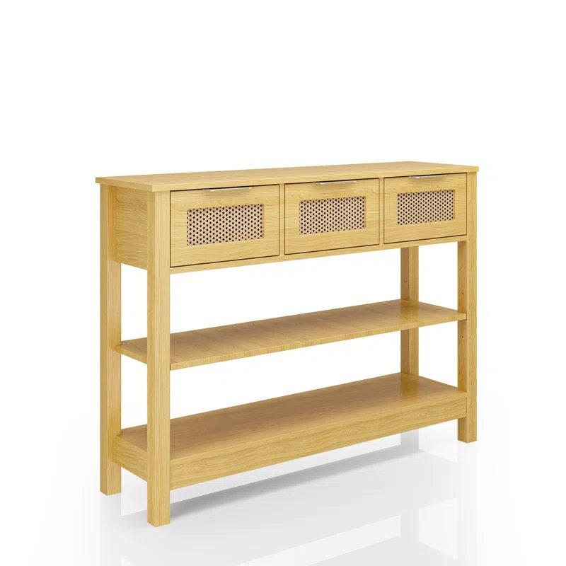 Masif Ahşap ve Metal Rattan 3 Çekmeceli Raflı Bohem Dresuar - 110x30x82 cm - 132226