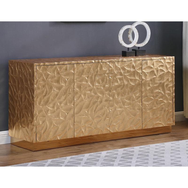 Masif Ahşap ve Paslanmaz Çelik 4 Kapaklı Ayarlanabilir Raflı Gold Konsol - 176x56x89 cm - 129043