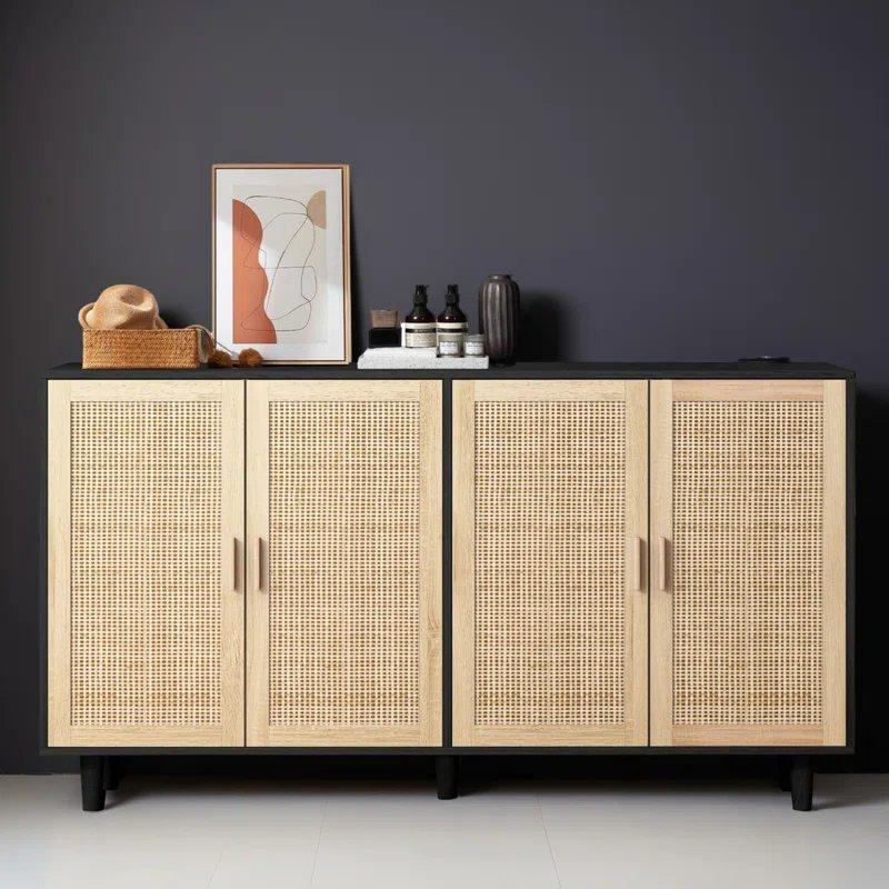 Masif Ahşap ve Rattan 4 Kapaklı Bohem Dresuar - 159x41x89 cm - 131551