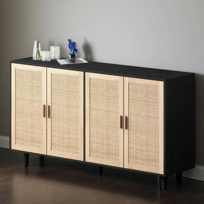 Masif Ahşap ve Rattan 4 Kapaklı Bohem Dresuar - 159x41x89 cm - 131551