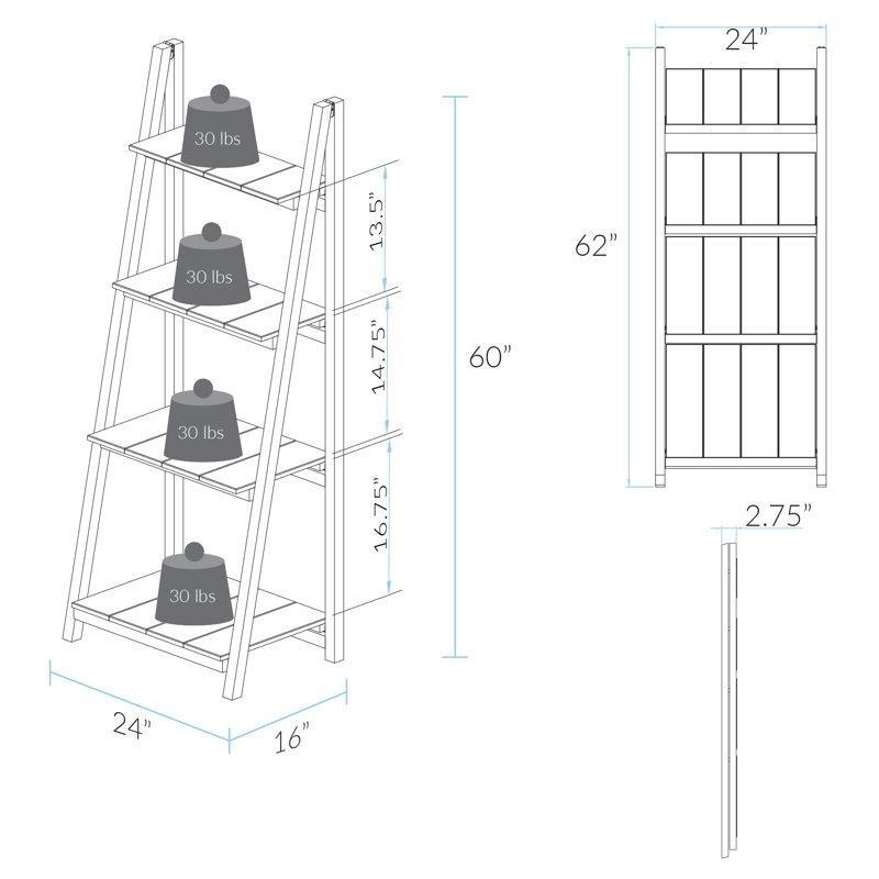 Masif Çam Ağacı Katlanabilir 4 Raflı Merdiven Kitaplık - 61x153 cm - 141694