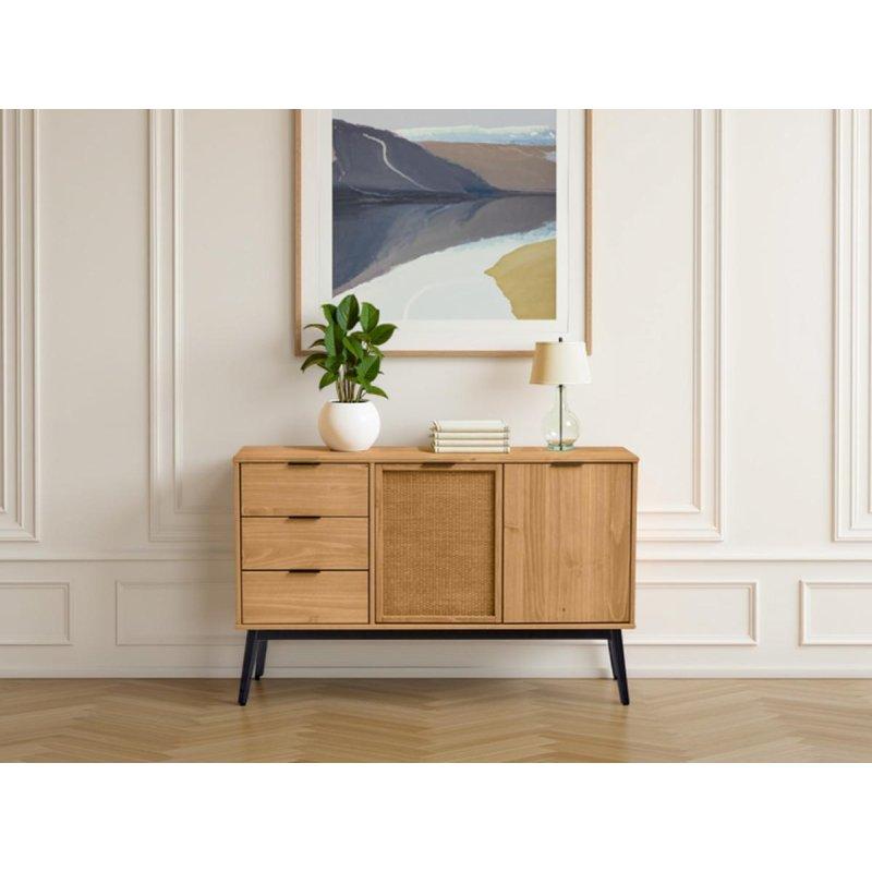 Masif Çam ve Rattan 3 Çekmeceli 2 Kapaklı Konsol - 130 cm - 129393