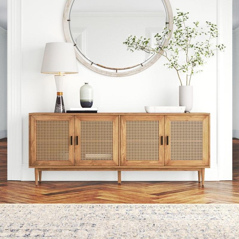 Masif Çam ve Rattan 4 Kapaklı Ayarlanabilir Raflı Bohem Konsol - 204x39x82 cm - 128938
